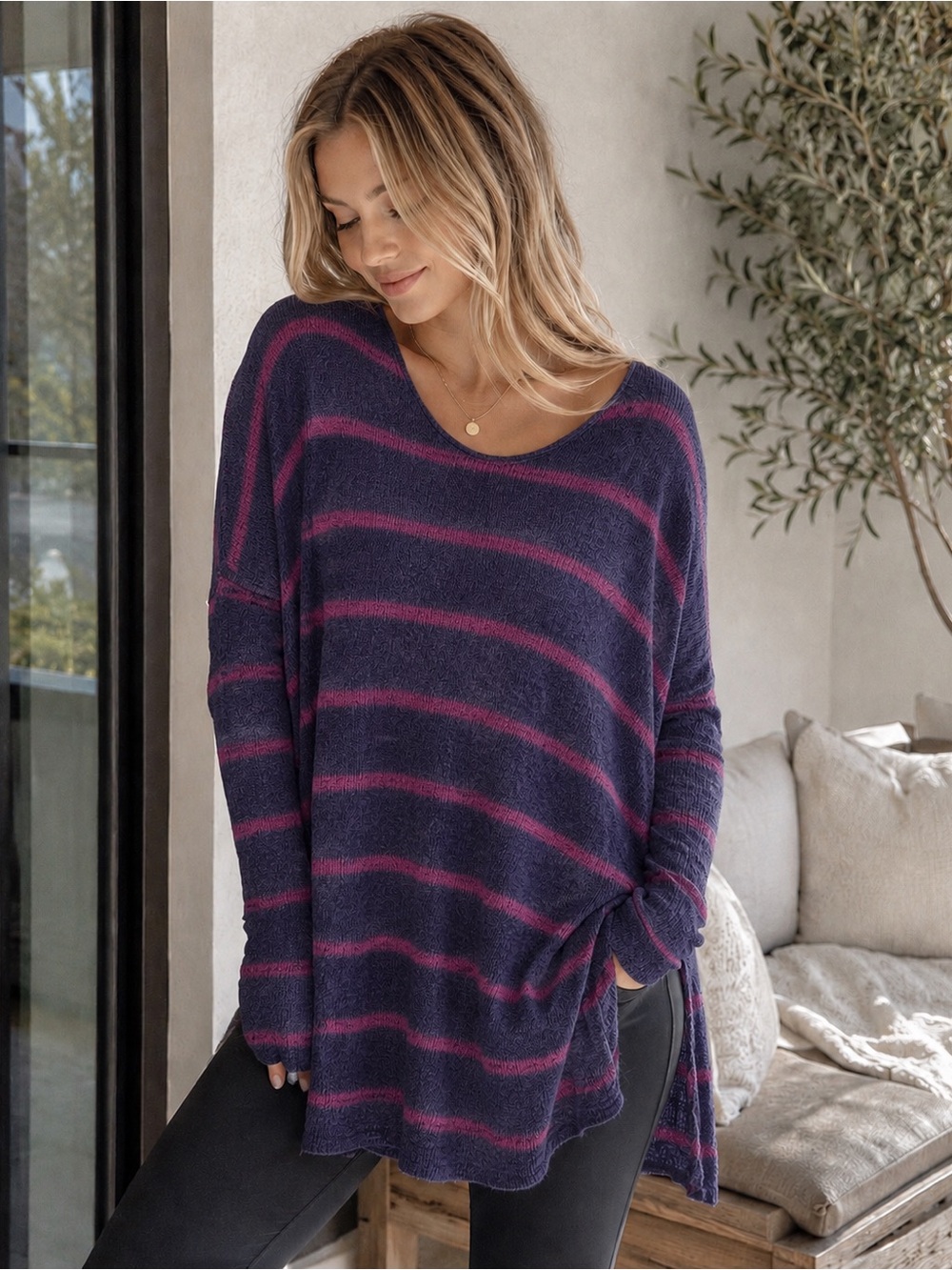 Free People Sz M Shipping News Black Stripe Oversized Fisherman Knit Tunic